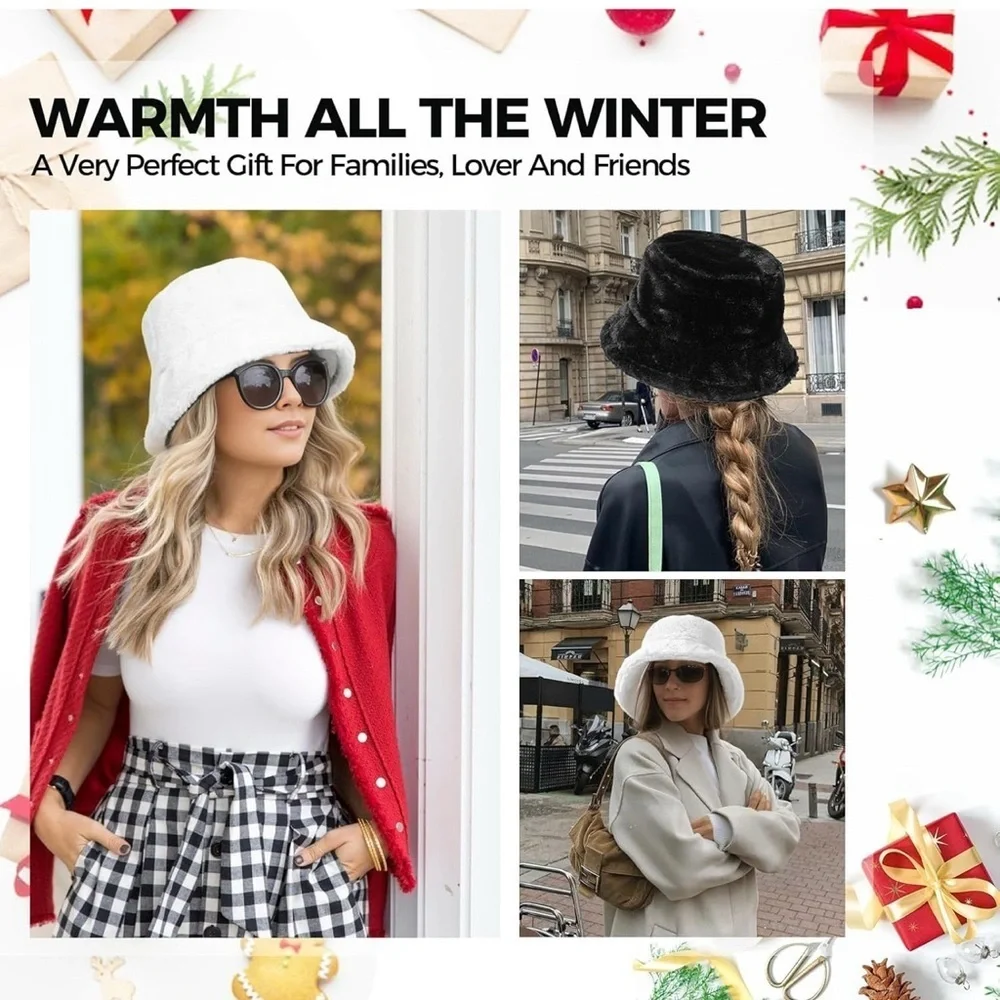 Faux Fur Furry Bucket Hat Winter Warm Unisex Adjustable Lightweight Black